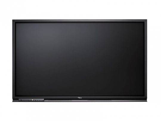 75 Zoll UHD Multi Touch Display Optoma 3752RK, Neuware: Großes, schwarzes Touchscreen-Display mit glänzender Oberfläche und Bedientasten unten links; vor weißem Hintergrund abgebildet - interaktiver Monitor ideal für Präsentationen und Meetings.
