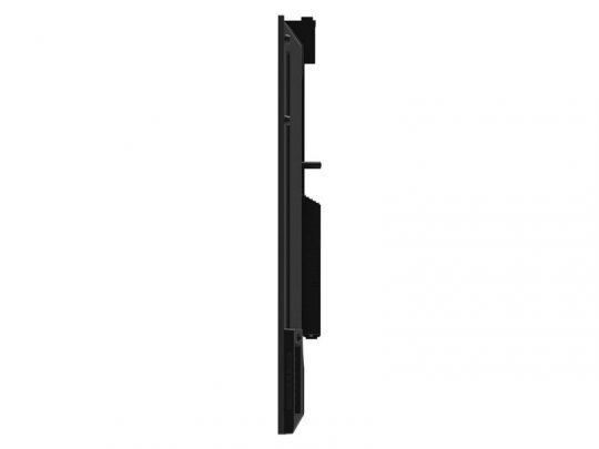 Seitenansicht des Optoma N3651K 65 Zoll UHD Displays (Neuware) vor weißem Hintergrund; das Bild zeigt das schlanke Gehäuse mit sichtbaren Anschlüssen und Wandhalterung - ideal zum Kaufen oder Mieten.
