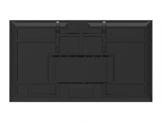 Rückseite des 65 Zoll UHD Displays Optoma N3651K in Schwarz, mit symmetrischem Design, rechteckigen Paneelen, Lüftungsschlitzen und Montagepunkten - ideal zum Kauf oder zur Miete für professionelle Anwendungen.