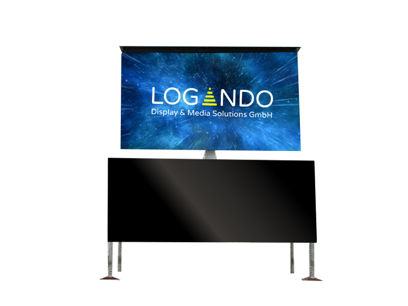 LED Container 31m² von LOGANDO Display & Media Solutions GmbH als Gebrauchtware - großer digitaler Bildschirm (7,36 m x 4,16 m) auf Metallbeinen, zeigt das Logo vor einem blauen Sternenhimmel. Ideal für Events und Veranstaltungen.