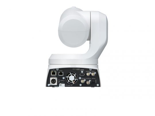 4K PTZ-Kamera Panasonic AW-UE150KEJ in Weiß, Rückansicht mit gut sichtbaren Ethernet-, HDMI-, Netzteil- und weiteren Anschlussmöglichkeiten - professionelle Studiokamera für hochwertige Videoübertragungen, ideal zum Kaufen oder Mieten.
