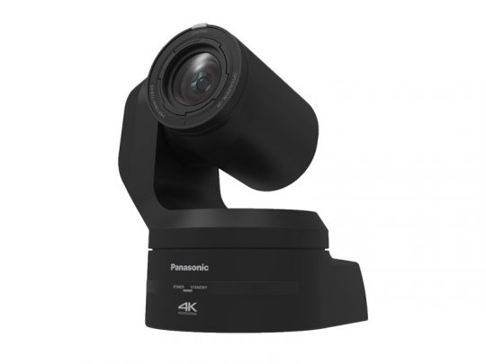 Panasonic AW-UE150KEJ 4K PTZ-Kamera mieten - schwarze Profi-Kamera mit großem Objektiv und motorisiertem Sockel für fernsteuerbare, hochauflösende Videoaufnahmen, ideal für Events, Studios oder Livestreams.