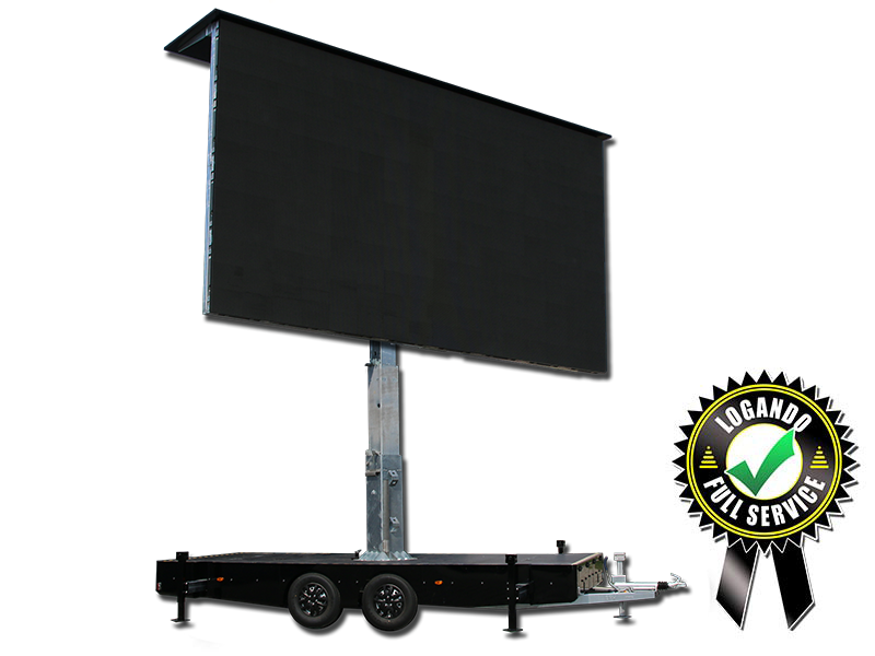 Großer, schwarzer Unilumin LED Trailer Cabrio 28m² (7,00 m x 4,00 m SMD URMIII) Bildschirm auf Anhänger mit Rädern vor weißem Hintergrund. Perfekt zum Mieten oder Kaufen für Events. Unten rechts ist das Logando Full Service Badge mit Haken zu sehen.
