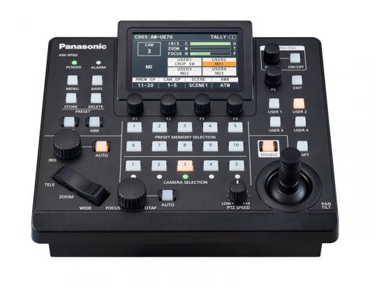 Panasonic AW-RP60GJ Remote-Kamerasteuereinheit für PTZ-Kameras, schwarzes Bedienfeld mit Tasten, Drehreglern, Schaltern, großem Joystick und integriertem Display zur Anzeige von Kameraeinstellungen - professionelle Steuerungslösung, ideal zum Mieten.
