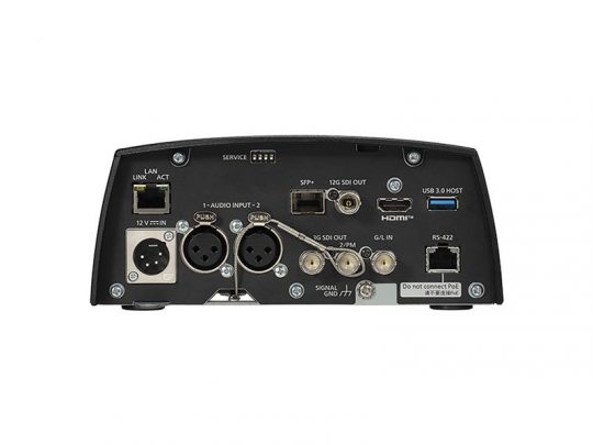 Rückseite der Panasonic AW-UE160KEJ 4K PTZ-Kamera mit zahlreichen Anschlüssen wie XLR-Audioeingängen, HDMI, LAN, USB 3.0, 12V-Stromanschluss, SDI, SFP+ und RS-422; professionelle Kamera zum Mieten für hochwertige Videoaufnahmen.