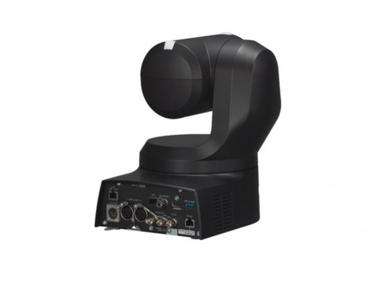 4K PTZ-Kamera Panasonic AW-UE160KEJ in Schwarz, abgebildet auf drehbarem Sockel vor weißem Hintergrund, mit gut sichtbaren Ein- und Ausgängen auf der Rückseite - professionelle Kamera zum Mieten für hochwertige Videoaufnahmen.