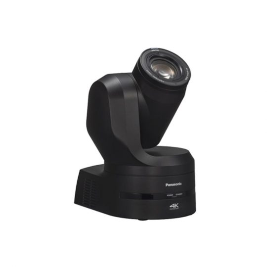 4K PTZ-Kamera Panasonic AW-UE160KEJ in Schwarz mit leicht nach oben gerichtetem Objektiv vor weißem Hintergrund - professionelle Videokamera zum Mieten für hochwertige Livestreams und Übertragungen.
