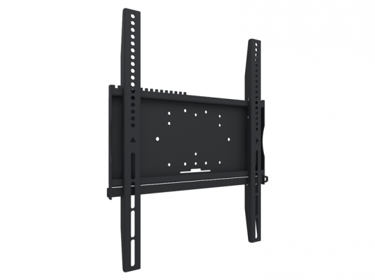 Schwarze TV-Wandhalterung für Flachbildfernseher, mit mehreren Befestigungslöchern und verstellbaren vertikalen Armen; ideal für die sichere, neigbare Montage von Fernsehern - geeignet zum Kaufen oder Mieten.