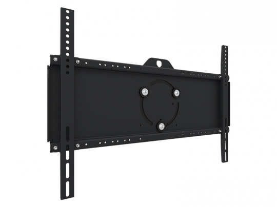 Schwarze TV-Wandhalterung aus Metall mit mehreren Montagelöchern und verstellbaren vertikalen Armen, schräg vor weißem Hintergrund gezeigt - ideal zum Kauf oder zur Miete für Ihr Zuhause.