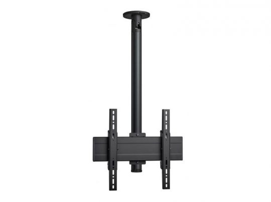Schwarze Decken-TV-Halterung mit verstellbarem Vertikalrohr und horizontalen Halterungen zur sicheren Befestigung eines Flachbildfernsehers. Das TV-Mount-Modell ist ideal zum Kauf oder zur Miete geeignet und auf weißem Hintergrund abgebildet.