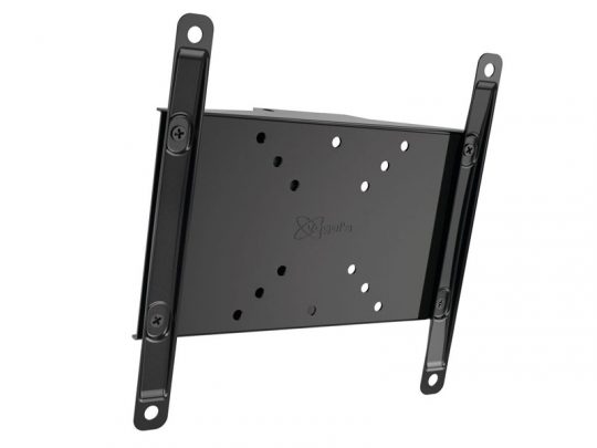 Schwarze TV-Wandhalterung aus Metall mit mehreren verstellbaren Bohrungen für flexible Befestigung, abgebildet vor weißem Hintergrund. Die TV-Wandhalterung eignet sich ideal zum sicheren Montieren von Fernsehern oder Monitoren und ist einfach zu kaufen oder zu mieten für flexible Nutzung.