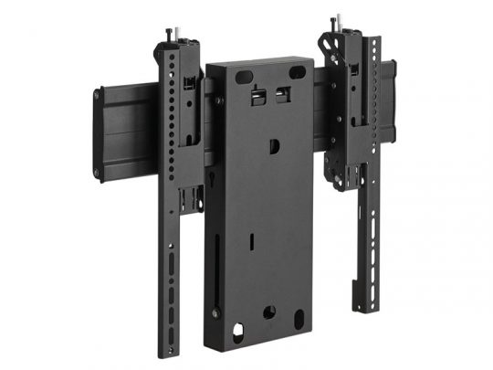 Schwarze, verstellbare TV Wandhalterung aus Metall mit mehreren Schlitzen und Bohrungen zur flexiblen Befestigung. Die Halterung verfügt über vertikale und horizontale Schienen für vielfältige Installationsmöglichkeiten. Ideal zum Kaufen oder Mieten, passend für verschiedene TV-Größen.