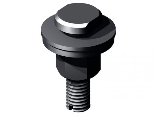 3D-Rendering eines Metall-Sechskantschraubenbolzens mit breiter, flacher Unterlegscheibe auf weißem Hintergrund. Deutlich sichtbares Gewinde am unteren Schaft. Ideal für alle, die Industrie-Befestigungsmaterial kaufen oder mieten möchten.