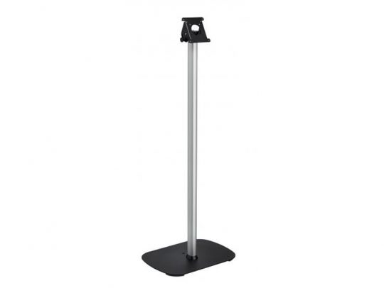 Schwarzer und silberner Lautsprecherständer (Speaker Stand) mit rechteckigem Standfuß, hohem senkrechten Stab und oberer Halterung zur Befestigung eines Lautsprechers - perfekt zum Kaufen oder Mieten.