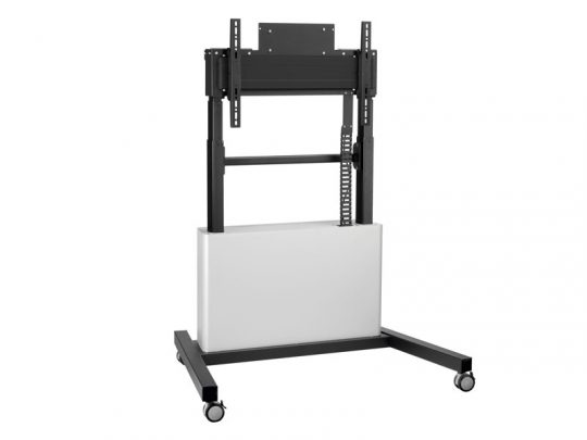 Höhenverstellbarer TV- oder Monitorständer auf Rollen in Schwarz-Weiß mit stabilem rechteckigem Standfuß und vertikalen Metallstreben zur Bildschirmmontage; ideal zum Mieten oder Kaufen, geeignet für flexibel nutzbare Präsentationen und Arbeitsumgebungen.