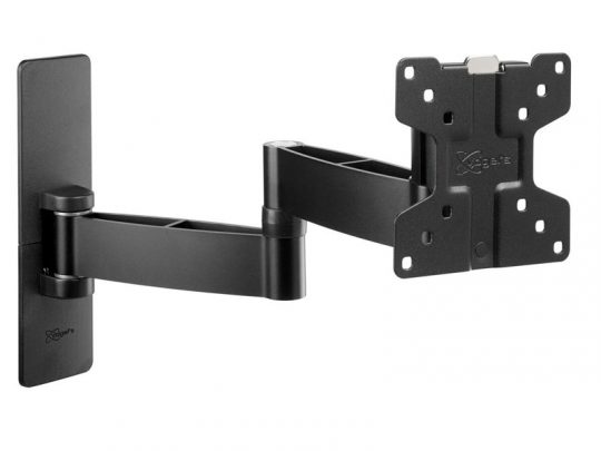 Schwarze, verstellbare TV-Wandhalterung mit schwenkbarem Arm und mehreren Bohrungen für eine sichere Montage von Flachbildfernsehern oder Monitoren - ideal zum Mieten oder Kaufen.