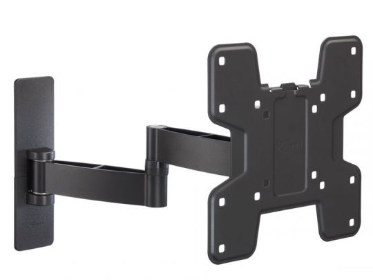Schwarze, verstellbare TV-Wandhalterung mit Gelenkarm und rechteckiger Montageplatte mit mehreren Schraublöchern; ideal zum Befestigen von Flachbildfernsehern oder Monitoren - perfekt zum Kaufen oder Mieten.