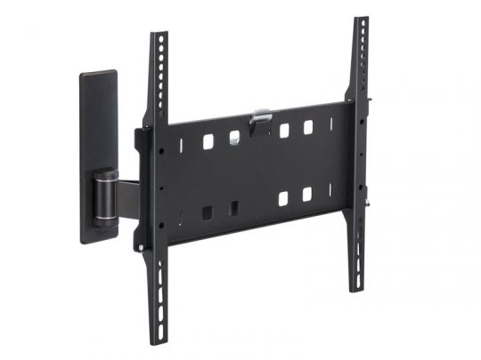 Schwarze Wandhalterung für Fernseher (TV-Halterung), mit verstellbaren horizontalen und vertikalen Schienen sowie schwenkbarem Arm links zum flexiblen Ausrichten von Flachbildfernsehern; geeignet zum Kaufen oder Mieten.
