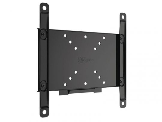 Schwarze TV-Wandhalterung aus Metall für Flachbildfernseher oder Monitore, mit mehreren Schraublöchern für flexible Montage und senkrechten Trägerleisten an den Seiten - perfekt zum Kaufen oder Mieten.