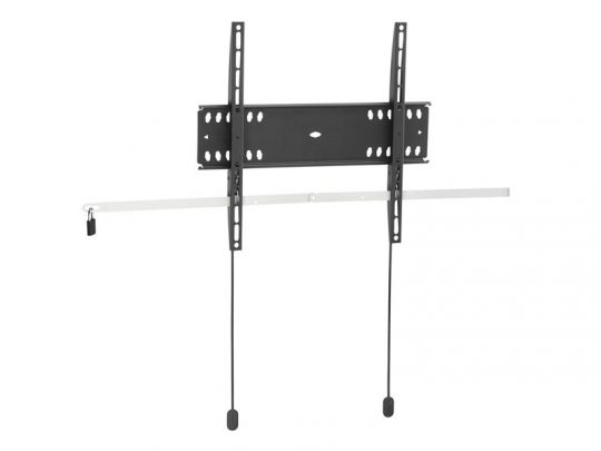 Schwarze TV Wandhalterung (flacher Wandhalter), bestehend aus einer horizontalen Montageplatte, zwei vertikalen Tragarmen und zwei Zugseilen, vor weißem Hintergrund - ideal zum Mieten oder Kaufen.