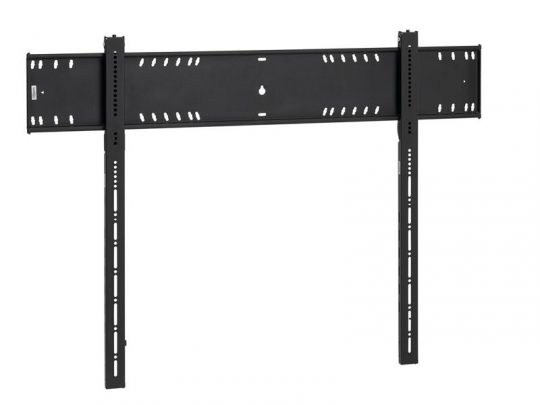 Schwarze, verstellbare TV-Wandhalterung für Flachbildschirme mit vertikalen und horizontalen Metallstreben, mehreren Löchern zur flexiblen Montage und minimalistischem Design - ideal zum Befestigen von Fernsehern an der Wand, zum Kauf oder zur Miete für flexible Wohnlösungen.