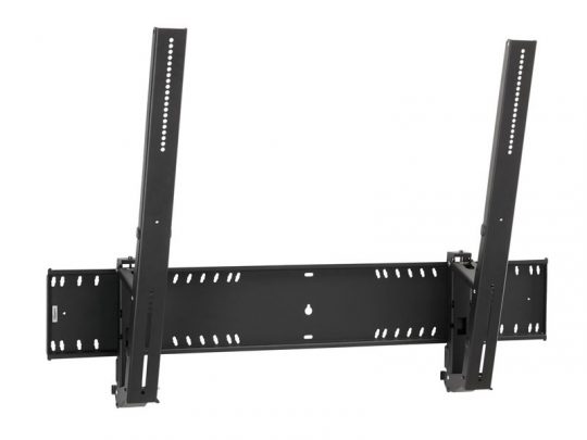 Schwarze TV-Wandhalterung aus Metall mit verstellbaren vertikalen Armen und horizontaler Basis, geeignet für Flachbildfernseher; die Arme haben mehrere Löcher für flexible Höhenverstellung - ideal zum Kauf oder zur Miete.