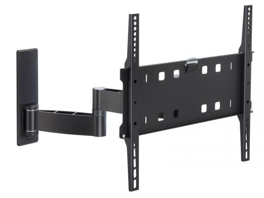 Schwarze, verstellbare TV-Wandhalterung mit ausziehbarem Arm und mehreren Befestigungslöchern - geeignet für Flachbildfernseher, ideal zum Kaufen oder Mieten.