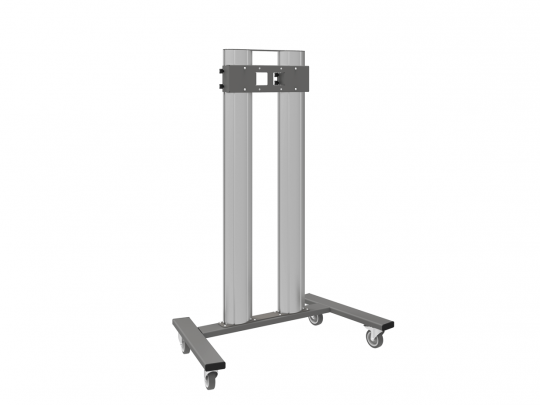 Mobiler Monitorständer "Metal Frame Stand" mit zwei silbernen, vertikalen Säulen, einer zentralen Halterung für Bildschirme und schwarzem Fuß mit vier Rollen - ideal zum Kauf oder zur Miete.
