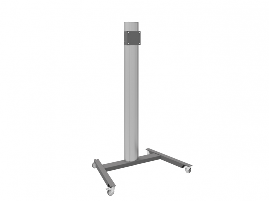 Mobiler Metallständer mit zentraler, senkrechter Säule auf T-förmigem Standfuß und vier Rollen - ideal als stabiler Industrie-Equipment-Ständer oder Display-Ständer; Produkt ist zum Kaufen oder Mieten erhältlich.