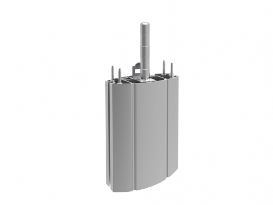 3D-gerendertes Bild des silbernen, vertikal stehenden Zylinder-Mechanikmoduls "SilverTech Cylinder" mit Mittelstange und mehreren inneren Kammern; glatte, abgerundete Außenflächen - ideal zum Mieten oder Kaufen. SEO-relevant: SilverTech Cylinder, zylindrische Mechanikkomponente, silberfarben, für Industrieanwendungen.
