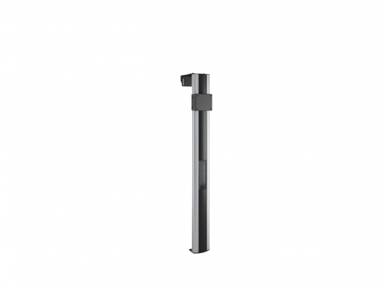 Der Design-Lampenständer 'SlimLight' - ein hoher, schlanker Metallständer mit rechteckigem Aufsatz, stehend vor weißem Hintergrund. Ideal zum Kauf oder zur Miete für moderne Beleuchtungskonzepte.