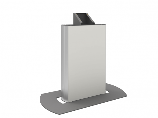 3D-Darstellung eines freistehenden, rechteckigen Display-Ständers mit flachem, gebogenem Standfuß und senkrechtem Panel - ideal als Werbeständer oder zur Montage von Bildschirmen für Events und Ausstellungen; perfekt zum Kaufen oder Mieten.