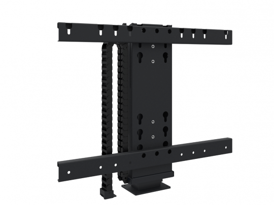 Schwarze TV-Wandhalterung aus Metall mit vertikalem Kabelkanal und zwei horizontalen Montagebalken, ideal zum Mieten oder Kaufen; Produkt vor weißem Hintergrund.