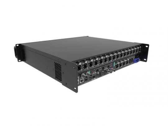 NovaStar MX40 Pro LED-Controller als schwarze 19-Zoll-Rackeinheit mit zahlreichen Ein- und Ausgängen (XLR, TRS und digitale Anschlüsse), schräg auf weißem Hintergrund dargestellt - perfekt zum Mieten oder Kaufen für professionelle LED-Steuerung.