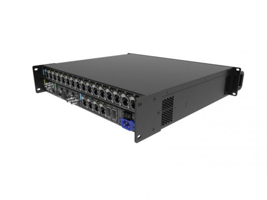 NovaStar MX40 Pro LED Controller auf weißem Hintergrund: Schwarzes, rack-montierbares Gerät mit zahlreichen Ein- und Ausgängen (darunter XLR- und TRS-Anschlüsse) - perfekt zum Mieten oder Kaufen für professionelle LED-Ansteuerung.
