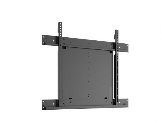 Schwarze TV-Wandhalterung aus Metall mit verstellbaren vertikalen und horizontalen Schienen, ideal für Flachbildfernseher zum Mieten oder Kaufen; das Bracket ist auf weißem Hintergrund isoliert abgebildet.