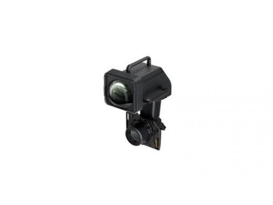 Teleprompter Pro - schwarzes Teleprompter-Gerät mit großem Objektiv und rechteckiger Abdeckung, auf einer Kamerahalterung montiert, vor weißem Hintergrund; ideal zum Mieten oder Kaufen für professionelle Videoaufnahmen.
