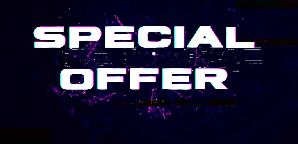 Grafik mit dem Schriftzug SPECIAL OFFER in fetter, weißer Schrift auf dunklem Hintergrund, durchzogen von pink leuchtenden, digitalen Linien und Punkten - ideal zur Bewerbung von Angeboten zum Mieten oder Kaufen.