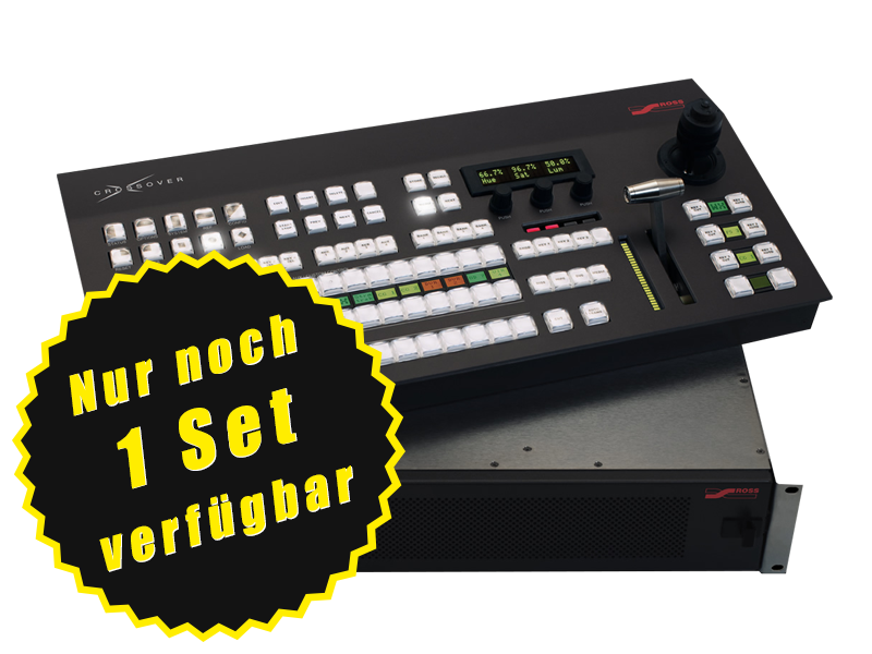 Professioneller Video-Switcher mit Steuerknöpfen und Joystick auf einem Rackmount-Gerät. Ein gelbes Stern-Label mit dem deutschen Text "Nur noch 1 Set verfügbar". Jetzt mieten oder kaufen!.