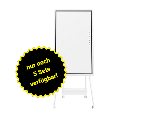 Digitales Whiteboard Flipchart auf einem rollbaren Standfuß, nur noch 5 Sets verfügbar - jetzt kaufen oder mieten! Auf dem Bild ist ein weißes, modernes digitales Flipchart zu sehen. Ein gelber Stern mit der Aufschrift "nur noch 5 Sets verfügbar!" hebt die begrenzte Verfügbarkeit hervor. Ideal für Präsentationen und Meetings.
