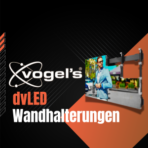 Werbung für Vogels dvLED Wandhalterungen: Ein großer Bildschirm mit dem Bild eines Mannes ist an einer Wandhalterung montiert. Der Text "Vogels dvLED Wandhalterungen - mieten oder kaufen" hebt das Angebot zum Kauf oder zur Miete hervor. Schwarzer und oranger Hintergrund betonen die moderne Optik der digitalen Bildschirm-Halterung.