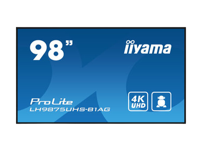Das Bild zeigt das 98 Zoll große iiyama ProLite LH9875UHS-B1AG 4K UHD Display mit blauer Bildschirmoberfläche, 4K Ultra-HD-Symbolen und einer Person im Vordergrund - perfekt als interaktives Großformat-Display zum Kaufen oder Mieten.