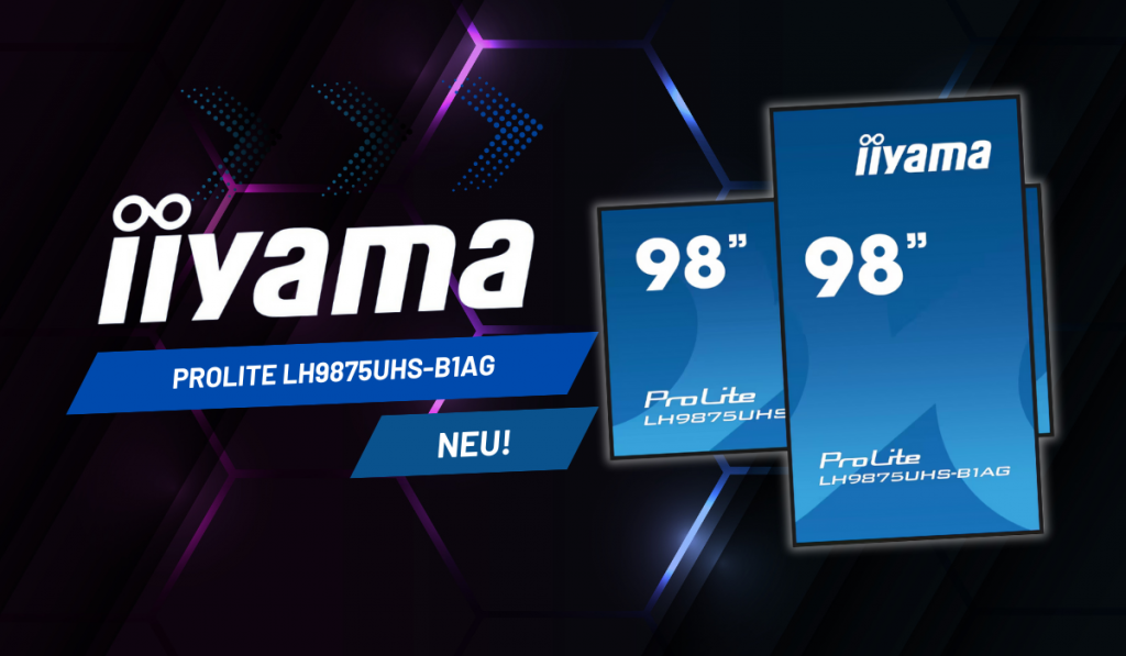 Zwei iiyama ProLite LH9875UHS-B1AG 98-Zoll-Monitore auf dunklem, geometrischen Hintergrund; beide Displays zeigen den Produktnamen und ein "NEU!"-Label, dazu Auswahlmöglichkeiten zum Mieten oder Kaufen. Werbegrafik für die neuen iiyama 98-Zoll-Displays.