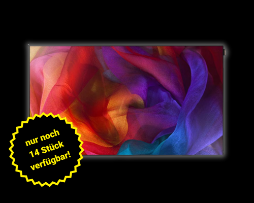 Ein farbenfrohes abstraktes Bild mit fließenden stoffähnlichen Formen in Rot, Orange, Lila und Blau. Auf dem gelben Starburst-Etikett steht "nur noch 14 Stück verfügbar!" - nur 14 Stück verfügbar zum Kaufen oder Mieten!.