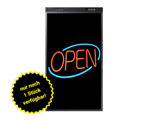 Digitales OPEN-Leuchtschild mit roter Schrift und blauem Rand. In der linken unteren Ecke ist ein gelber Stern-Aufkleber mit dem Hinweis "nur noch 1 Stück verfügbar! - jetzt mieten oder kaufen". Perfekt für Geschäfte, die Aufmerksamkeit auf den geöffnet-Status lenken möchten.