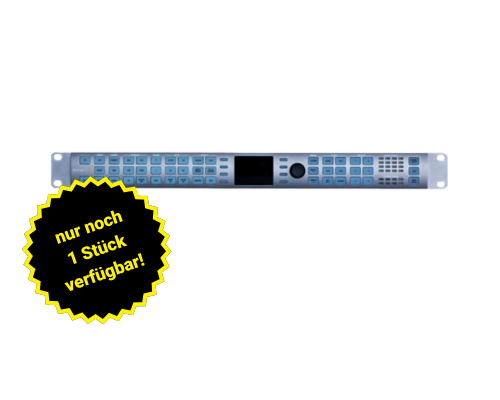 Rack-montiertes Audio- oder Videogerät mit vielen blauen Tasten und kleinem Display; gelbes Sternzeichen mit der Aufschrift "nur noch 1 Stück verfügbar!". Gerät jetzt mieten oder kaufen.