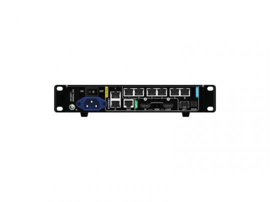 Rückansicht des NovaStar KU20 All-In-One LED-Controllers (Neuware): Zu sehen ist ein elegantes, rechteckiges schwarzes Gerät mit mehreren Ethernet-Anschlüssen, einem Stromanschluss, AUX-Port und weiteren beschrifteten Schnittstellen. Perfekt für den professionellen LED-Display-Einsatz.