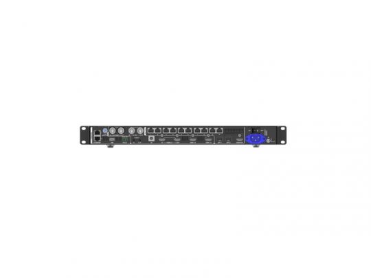 Rückansicht des NovaStar VX1000 Pro All-In-One LED-Controllers (Neuware) mit mehreren Ethernet-Ports, LED-Anzeigen, Stromanschluss und Bedientasten, ideal zum Kaufen oder Mieten; das Gerät steht vor weißem Hintergrund.
