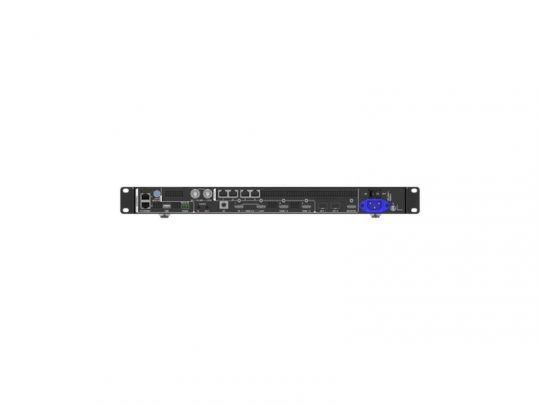 Rückansicht des NovaStar VX400 Pro All-In-One LED-Controllers (Neuware): Das Produktbild zeigt die vielfältigen Anschlussmöglichkeiten, darunter Ethernet-Ports, USB-Anschlüsse, einen Stromanschluss, einen Lüfter und zahlreiche Schnittstellen für flexibles Netzwerk- und Powermanagement. Ideal zum Kaufen oder Mieten; freigestellt vor weißem Hintergrund.