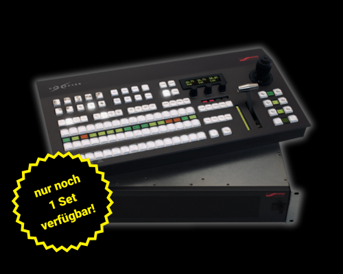 Blackmagic Design ATEM Videomischer mit zahlreichen Tasten und Joystick auf einer Rackmount-Einheit; gelber Stern zeigt an: Nur noch 1 Set verfügbar - jetzt kaufen oder mieten.